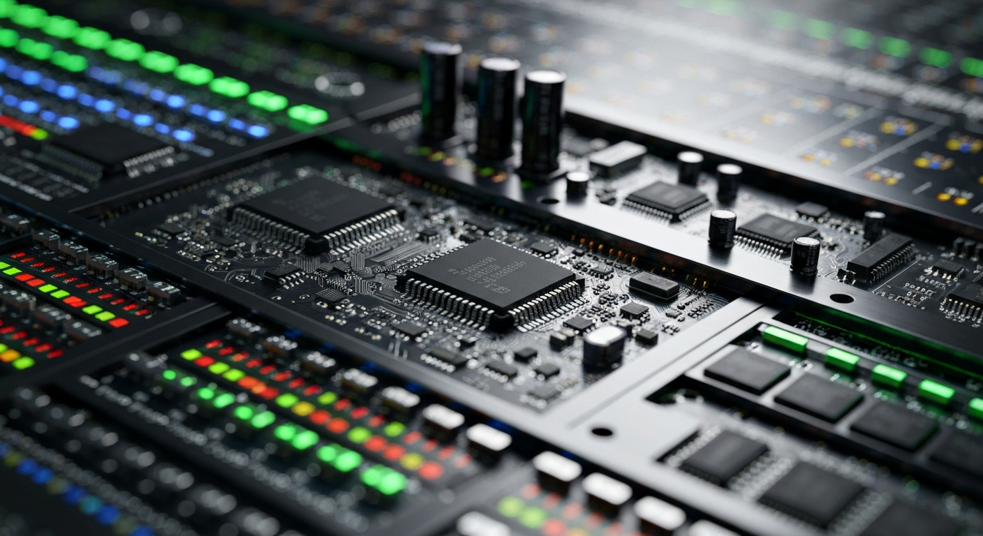 An extreme close-up of the complex inner workings of a financial trading terminal, with a maze of circuits, blinking lights, and metallic components filling the frame, conceptually representing the scrutiny of elected officials' financial activities.