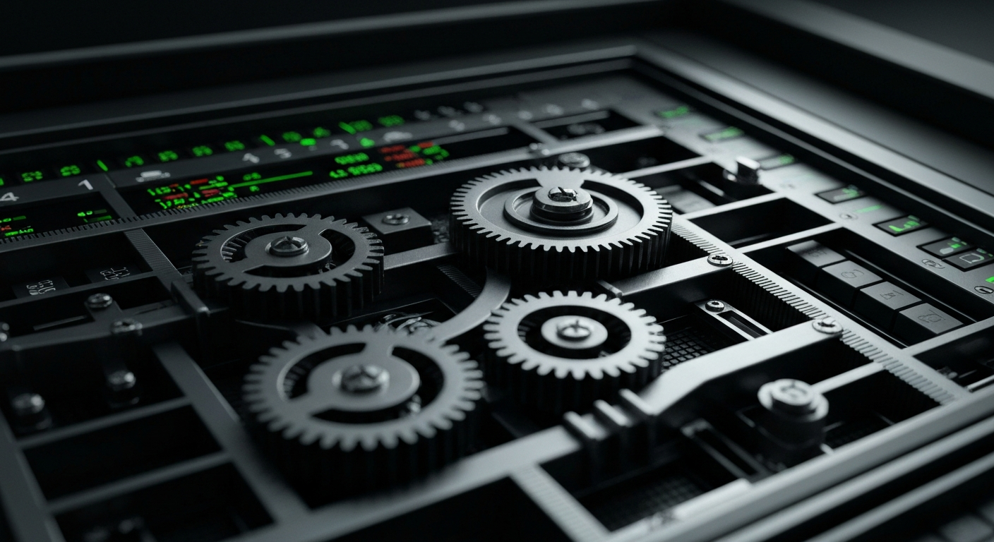 An extreme close-up of the interlocking metal gears and components of a Nasdaq stock trading terminal, conveying the sense of an intricate, high-stakes financial system.