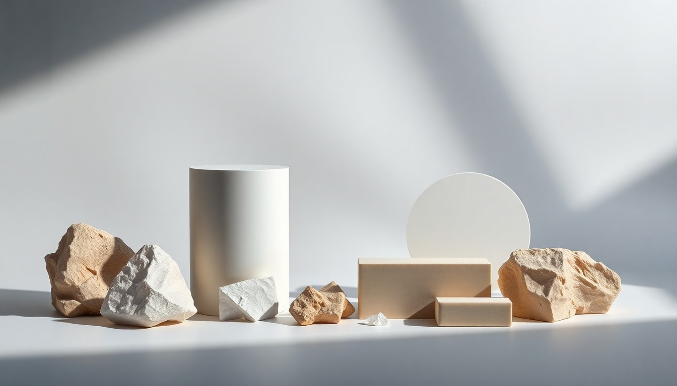 A photorealistic studio still life featuring a collection of polished, geometric objects representing the abstract concepts of corporate strategy and innovation in the high-visibility clothing industry.
