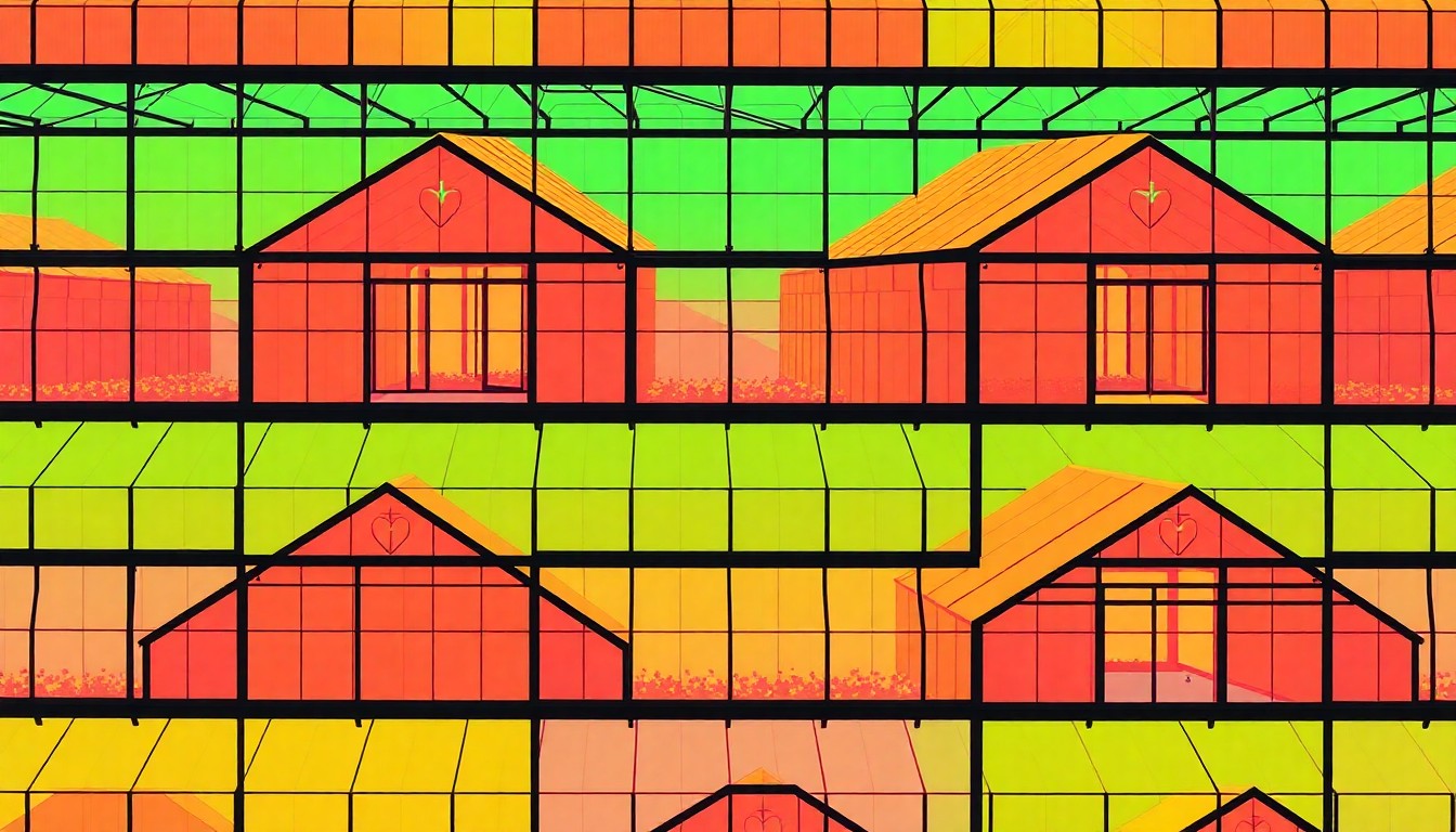 A brightly colored, high-contrast silkscreen print of a greenhouse structure repeated in a tight grid pattern, utilizing flat, vibrant, and unnatural neon color palettes overlapping with heavy black photographic outlines to turn an everyday agricultural object into modern pop art.