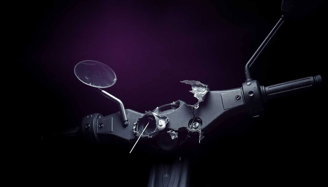 An extreme close-up photograph of a shattered motorized scooter part, such as a broken mirror or cracked handlebar grip, lit by a harsh, direct camera flash against a pitch-black background, conceptually illustrating the aftermath of a violent incident involving law enforcement.