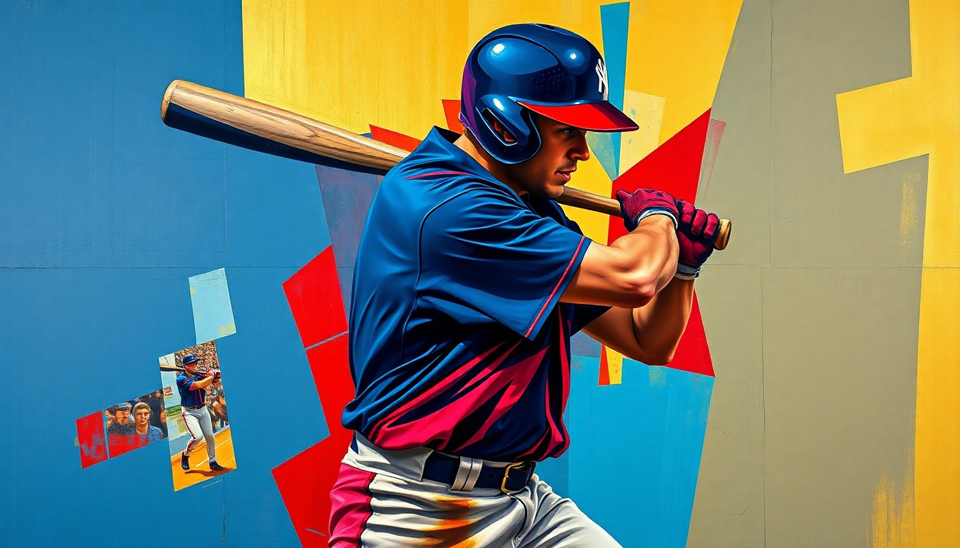 A fractured, cubist-style painting depicting a baseball player's batting stance or swing, with sharp geometric planes in vibrant colors like navy, crimson, and gold, conceptually representing the Pirates' bold move to build around their young star.