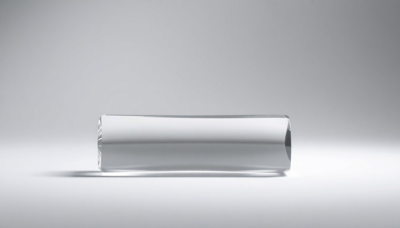 A highly polished, geometric glass rod or tube made of synthetic silica glass, elegantly arranged on a clean, monochromatic background and lit with dramatic studio lighting, conceptually representing the precision, purity, and technological advancement driving the synthetic silica glass market.