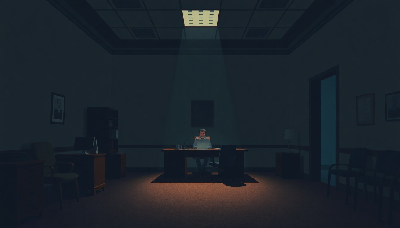 A cinematic painting of a dimly lit government office interior with a lone figure sitting at a desk, casting long shadows across the room in muted colors of browns, grays, and deep blues, conceptually representing the political tensions surrounding the acting attorney general position.