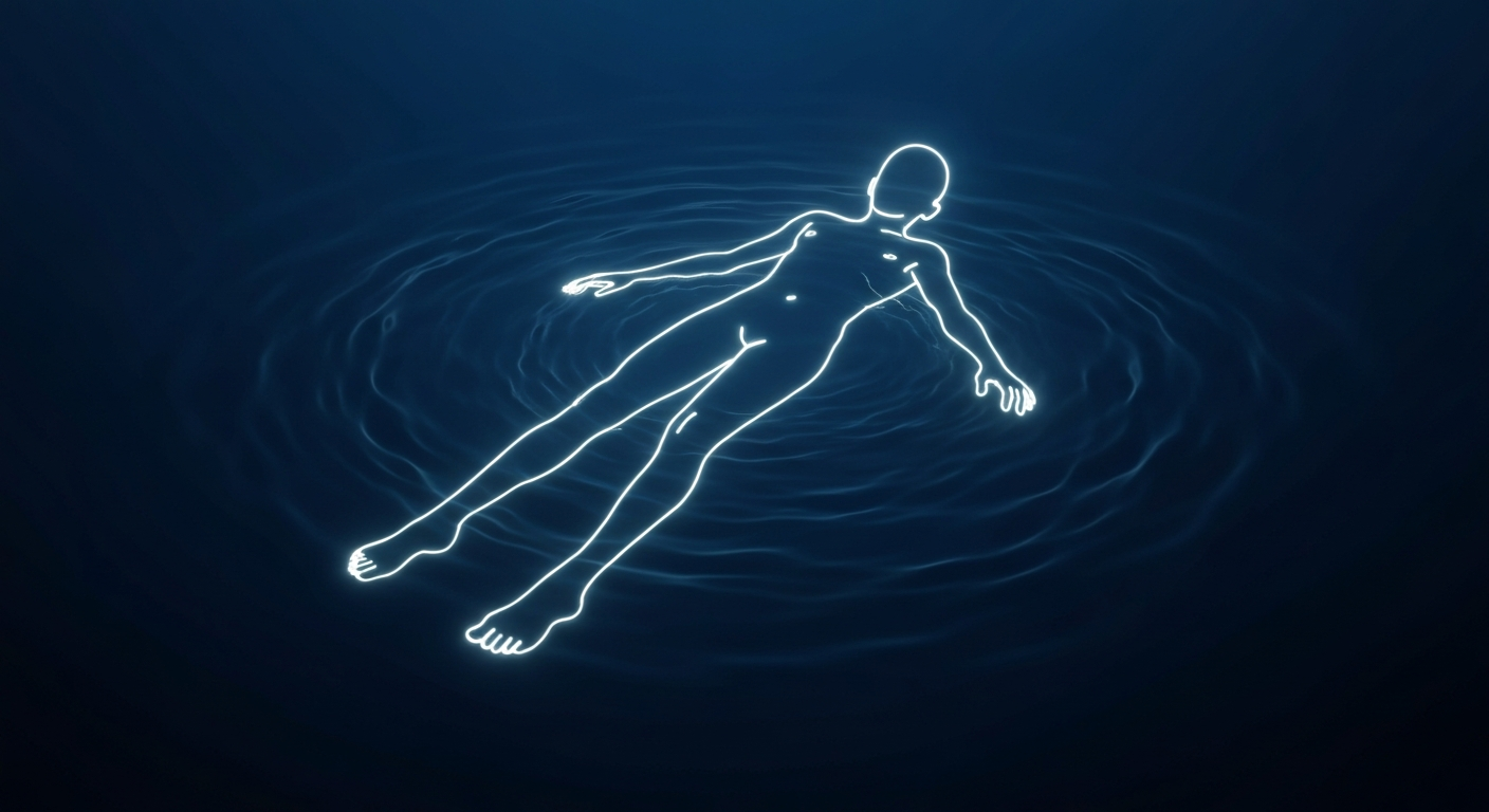 A minimalist neon outline of a person floating in water, emphasizing the shape and energy of the figure against a dark blue background, conceptually representing the water safety risks for individuals with autism.