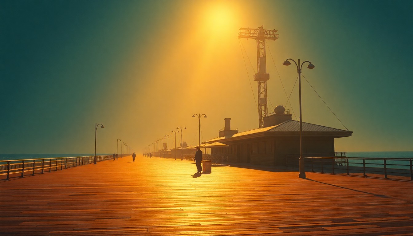 A serene, cinematic painting of the Atlantic City boardwalk, with the iconic ocean and beach in the background. The scene is bathed in warm, golden light, creating a nostalgic and contemplative mood.