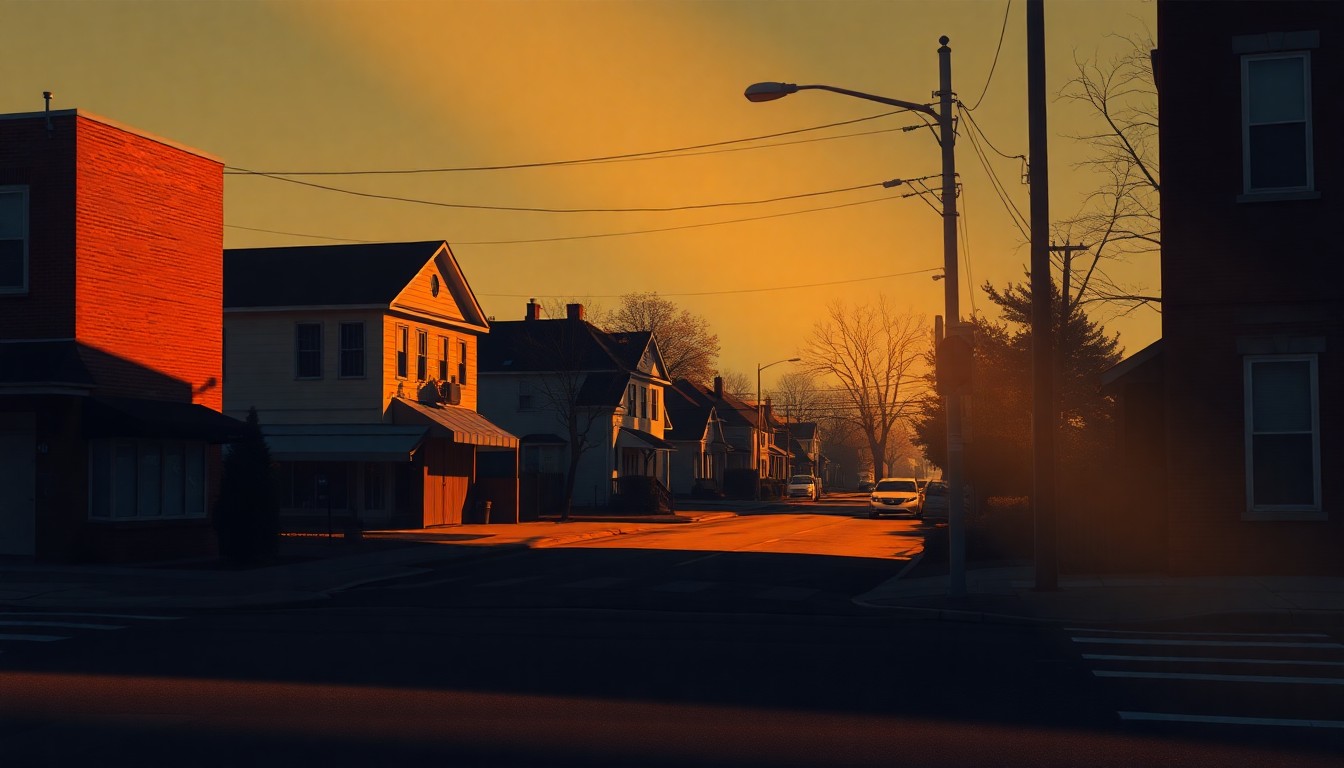 An empty street corner in a Birmingham neighborhood, with warm sunlight and deep shadows creating a cinematic, nostalgic mood, conceptually representing the changing political landscape.
