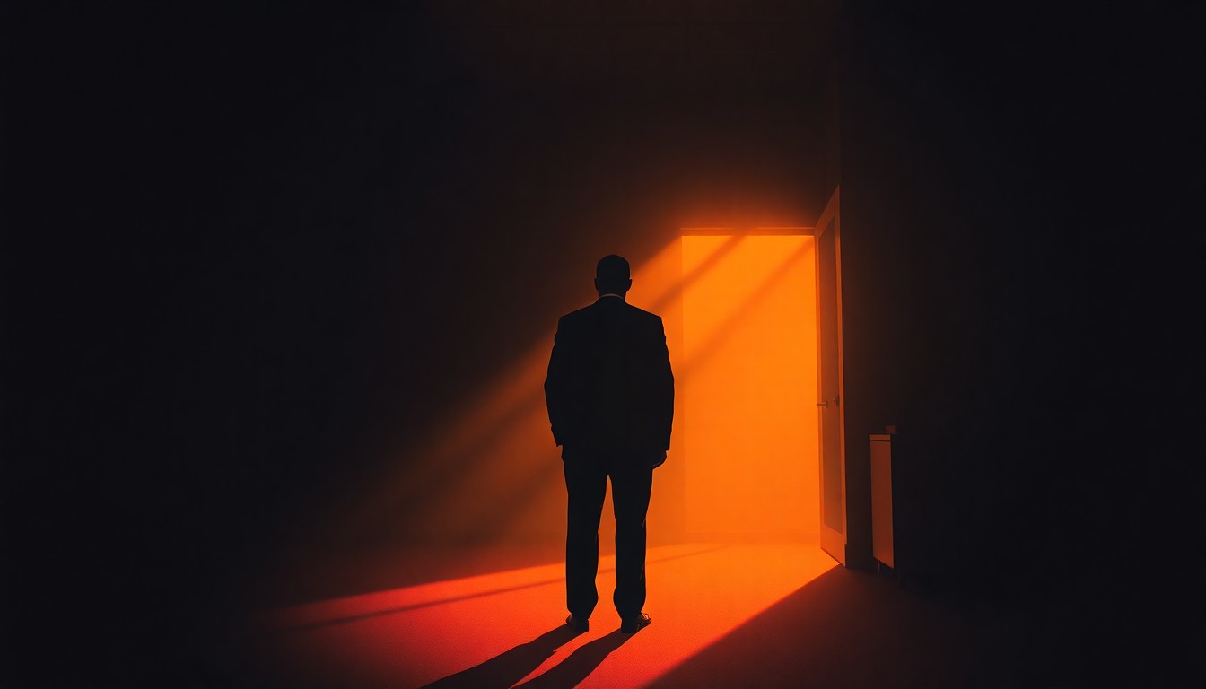 A solitary figure stands alone in a dimly lit government office, the warm light casting deep shadows across the room, conceptually representing the political tensions surrounding Vivek Ramaswamy's Ohio gubernatorial campaign.