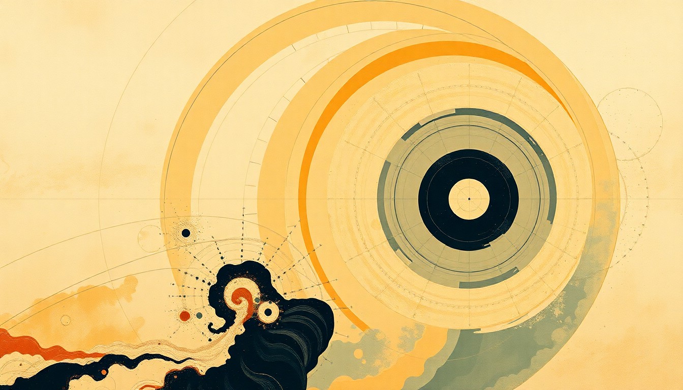 A bold, highly structured abstract painting featuring sweeping geometric arcs, concentric planetary circles, and precise botanical spirals in earthy tones, conceptually representing the complex systems and forces guiding NASA's Artemis lunar missions.