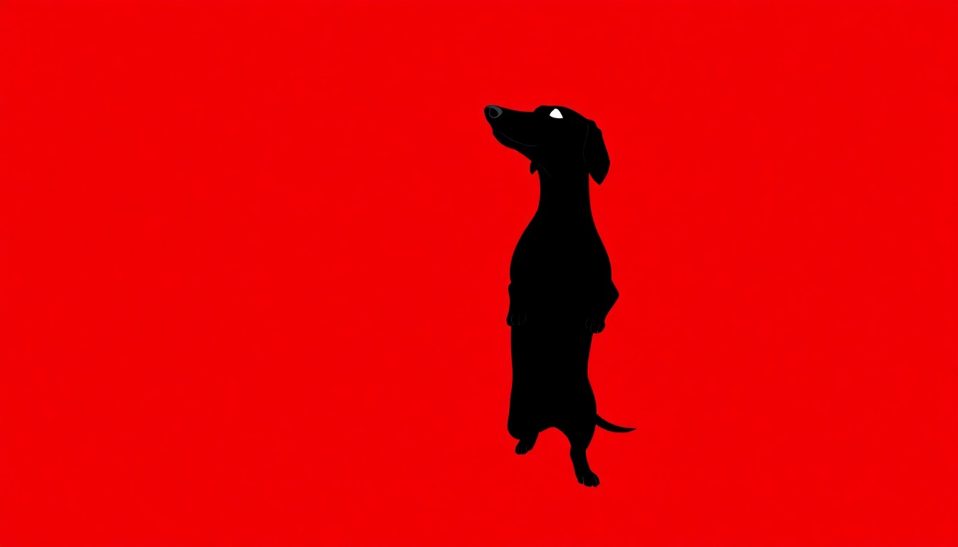 A striking black silhouette of a Dachshund dog standing upright on its hind legs, set against a vibrant red background, capturing the confident and charismatic presence of the 'Beef' star on the red carpet.