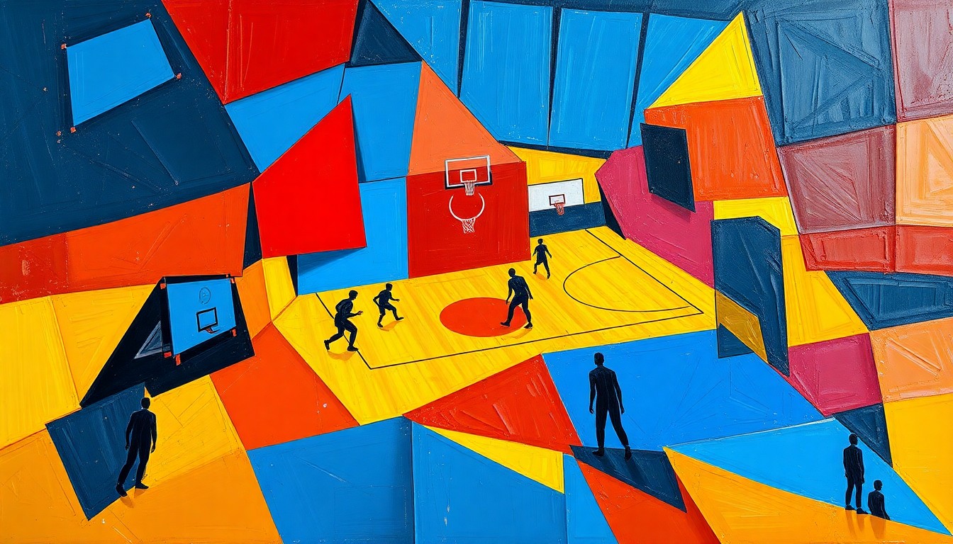 A fractured, multi-perspective painting in a cubist style, breaking down a basketball game or practice into sharp, overlapping geometric planes in a vibrant color palette, conceptually representing the insights of a local coach.