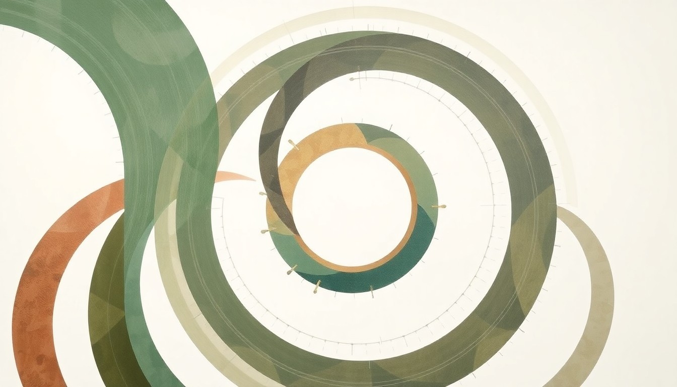 A highly textured, abstract painting in soft earth tones of green, brown, and grey, featuring sweeping geometric arcs, concentric circular forms, and precise botanical or physical spirals, conceptually representing the complex process of rare earth magnet recovery from electronic waste.