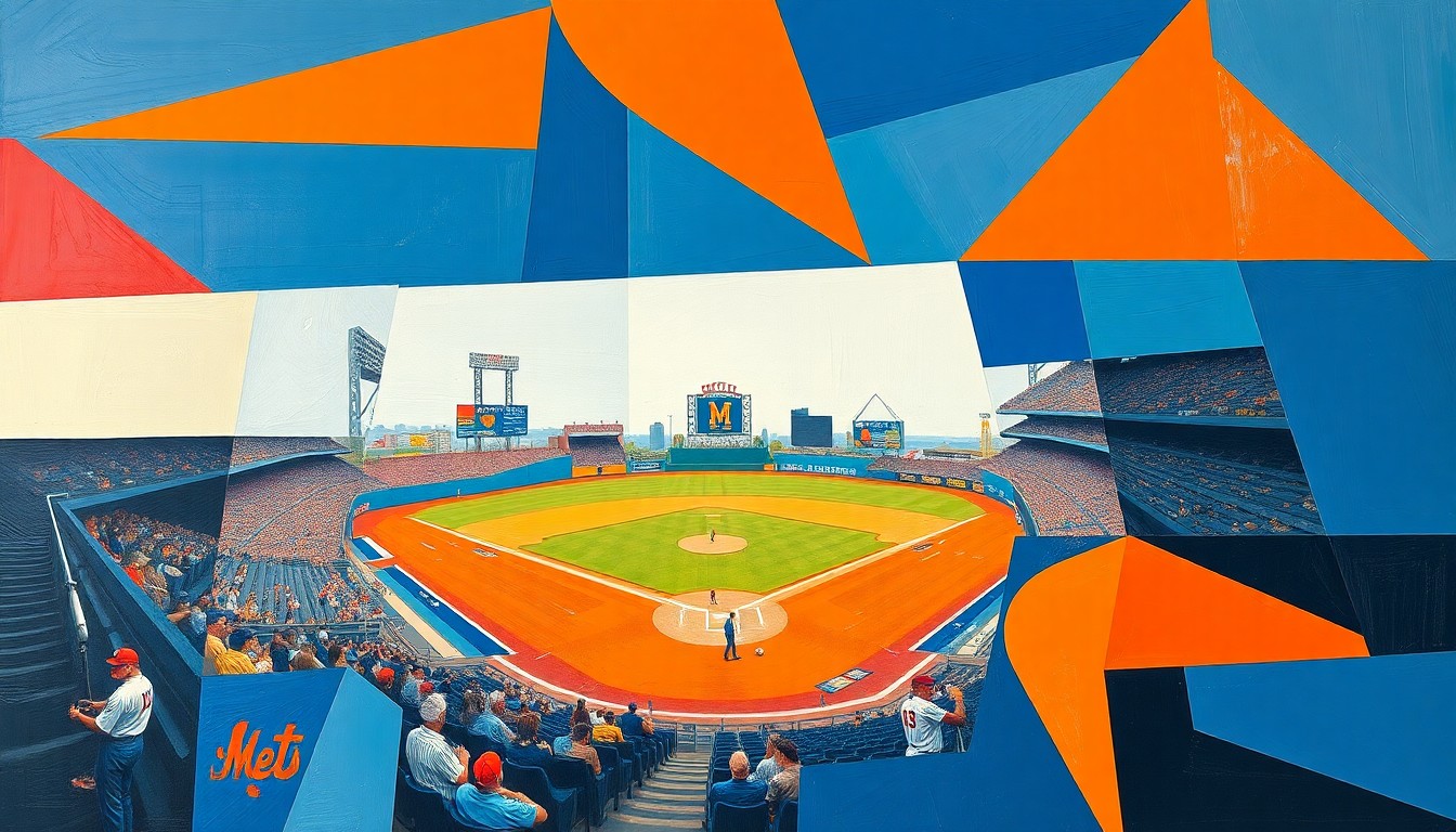 A cubist-style painting depicting a baseball game broken down into fragmented geometric shapes in shades of blue and orange, representing the Mets' team colors and the strategic approach of their new hitting coach.