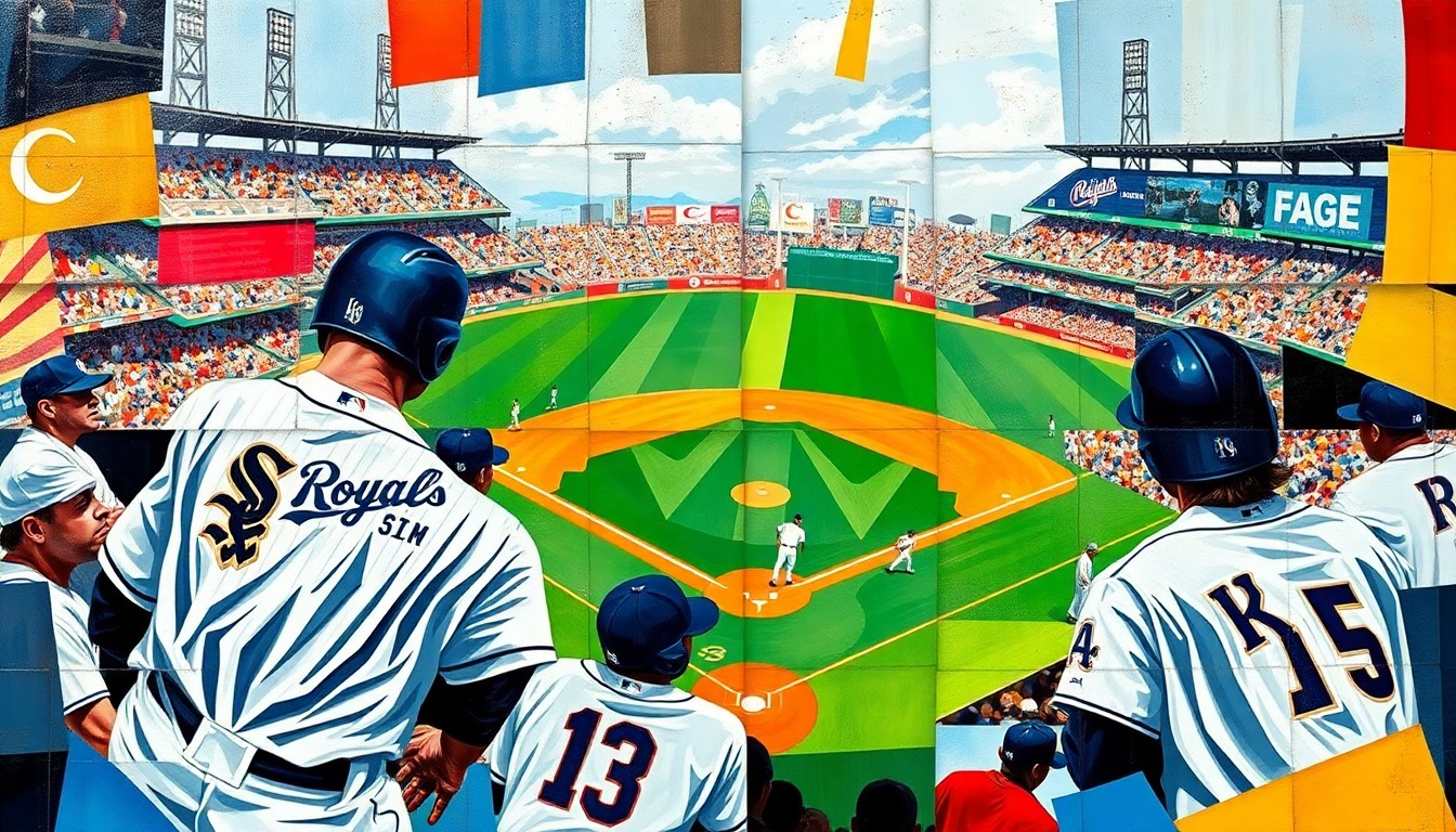 A cubist-style painting depicting a baseball game, with the players and field broken down into overlapping geometric shapes and planes in the colors of the White Sox and Royals uniforms.