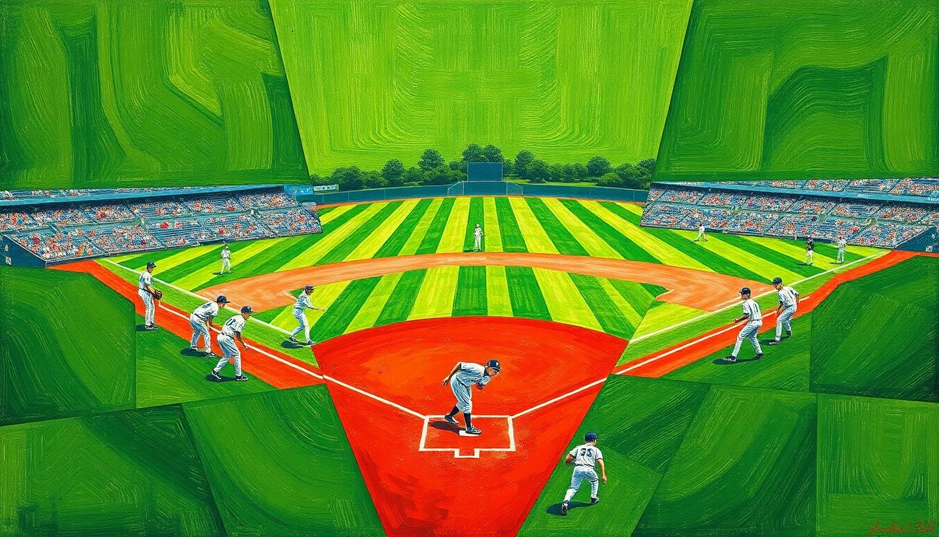 A cubist, geometric painting depicting the action and movement of a high school baseball game, with overlapping planes of green, white, and red representing the field, players, and dirt.