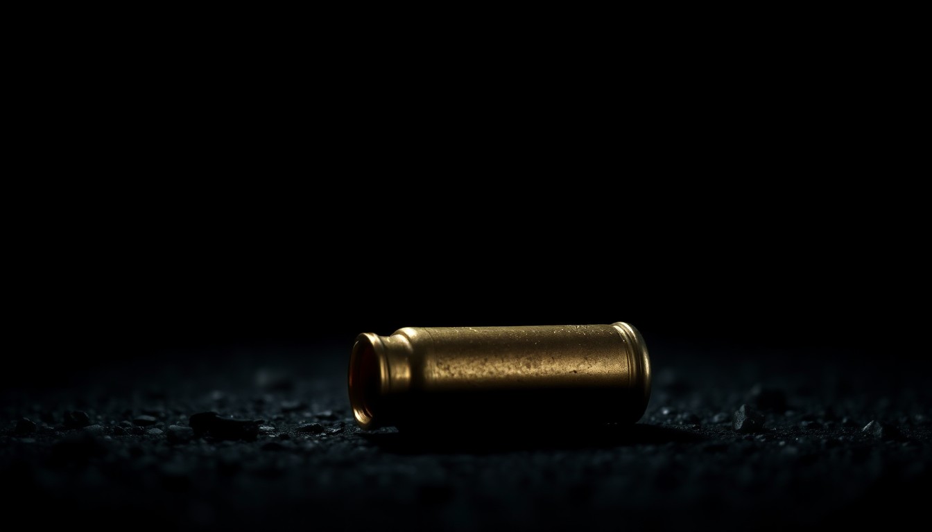 An extreme close-up photograph of a single spent bullet casing on the ground, lit by a harsh camera flash against a pitch-black background, creating a stark, gritty aesthetic that conceptually represents the aftermath of gun violence.