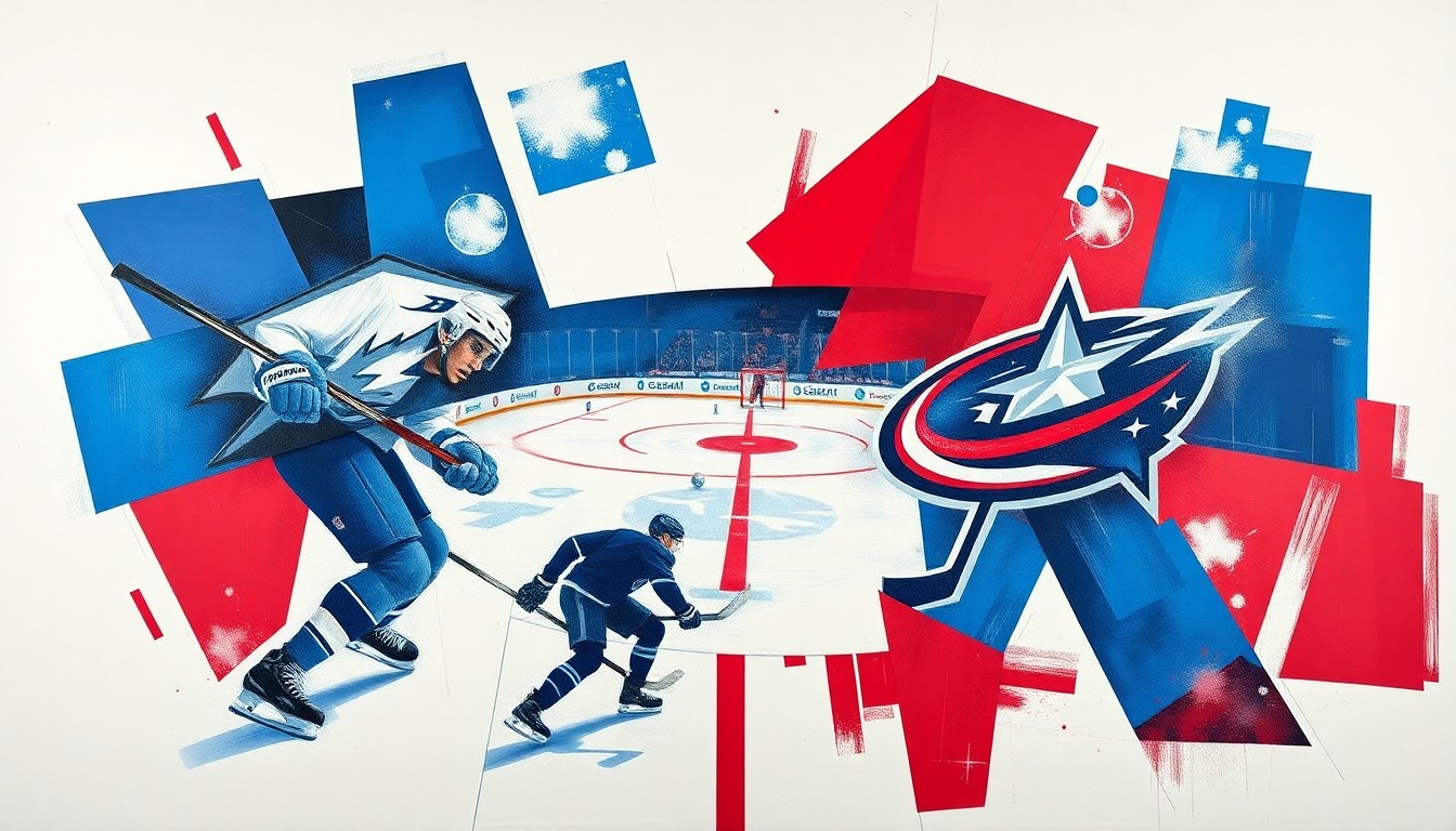 A cubist, geometric painting depicting a hockey game between the Buffalo Sabres and Columbus Blue Jackets, with the players and action broken down into overlapping, angular shapes in vibrant blues, reds, and whites.