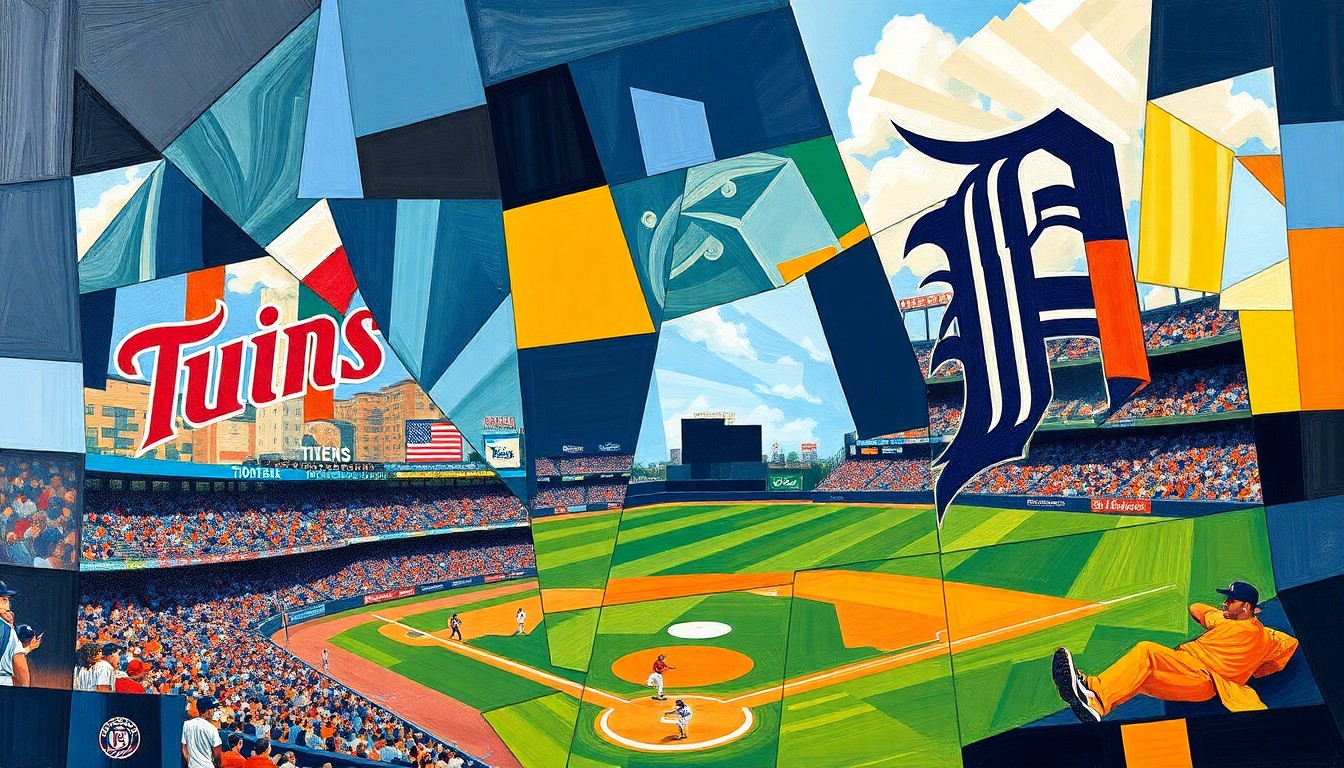 A cubist, geometric painting depicting a baseball game between the Minnesota Twins and Detroit Tigers, with the players and field broken down into sharp, overlapping planes of color.