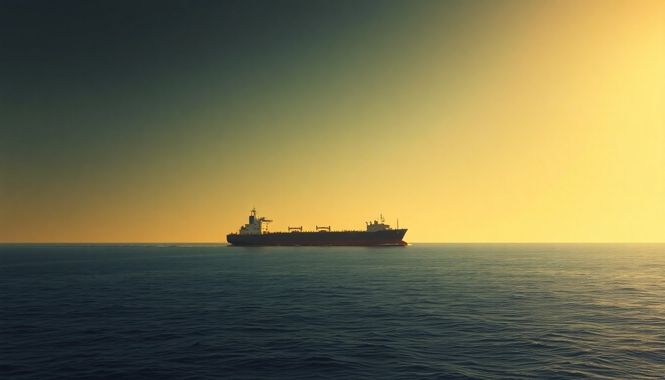 A serene, cinematic painting of an oil tanker ship passing through the Strait of Hormuz, with warm sunlight and deep shadows creating a contemplative mood.