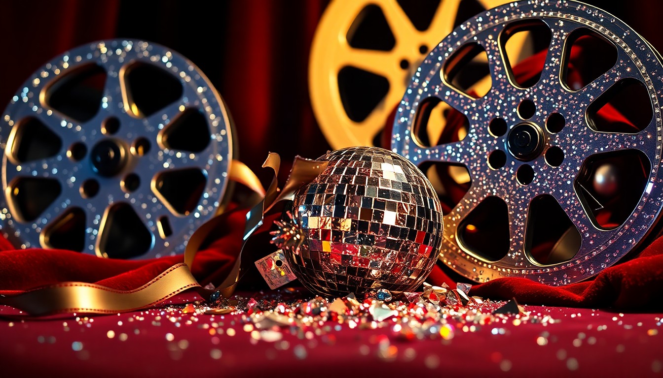 An abstract close-up image featuring shimmering film reels, shattered glass, and luxurious velvet textures, conveying the glamour and high-stakes of the Hollywood entertainment industry.
