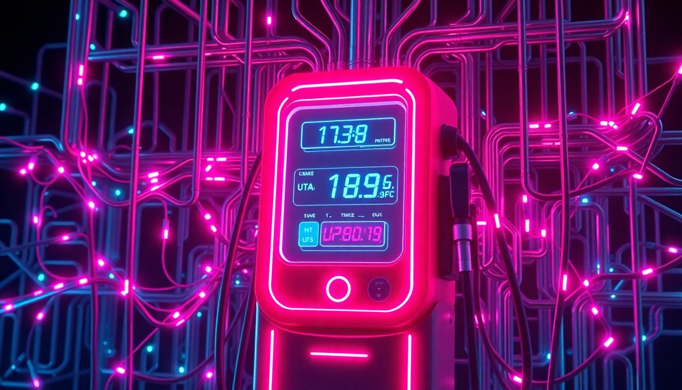 A highly detailed, glowing 3D illustration of a futuristic gas pump interface, with neon cyan and magenta lights illuminating the digital display and controls. The pump is surrounded by a network of interconnected data cables and circuit boards, conceptually representing the complex infrastructure powering the real-time gas price tracking.