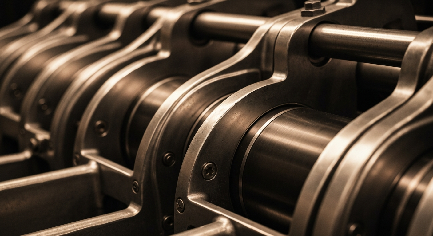 A highly detailed, black-and-white close-up image of the gears, levers, and mechanisms of a large banking machine, conveying the industrial, institutional nature of the financial sector.