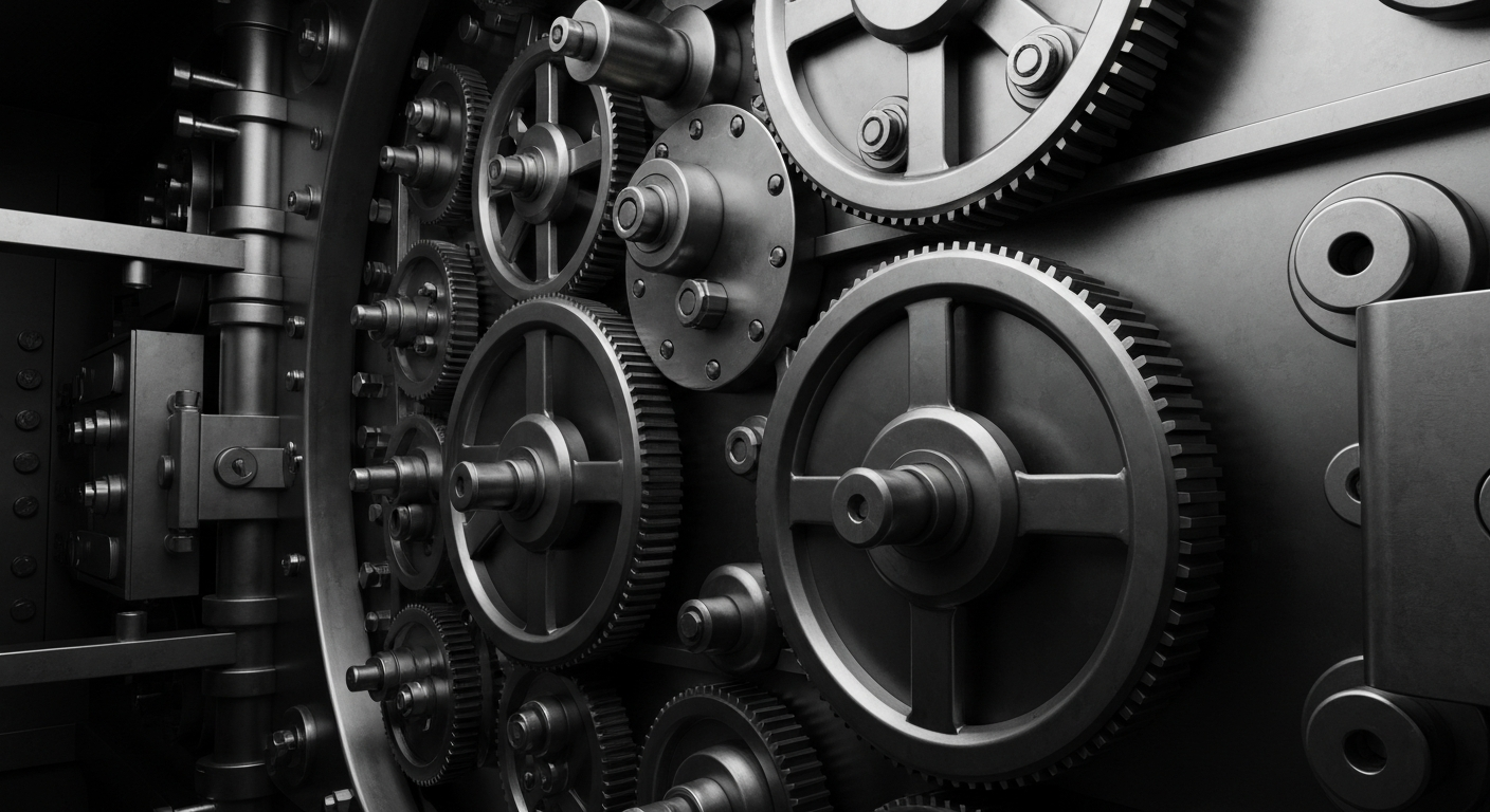 An extreme close-up of the complex inner workings of a bank vault, with gears, locks, and metal components filling the frame in a dramatic, cinematic composition that conveys a sense of the tangible weight and security of financial institutions.