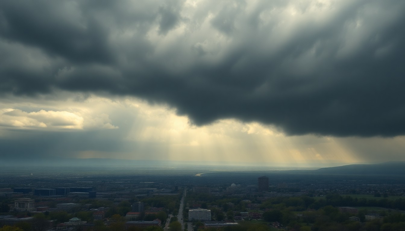 A sweeping, atmospheric landscape painting in muted tones of grey, blue, and green, depicting the cityscape of Rochester partially obscured by dramatic, cloud-filled skies.
