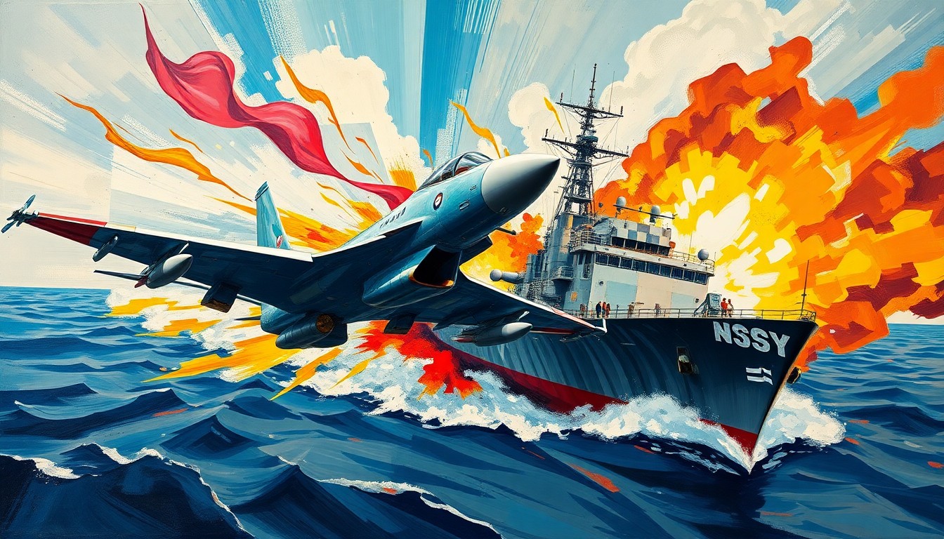A dynamic, abstract painting of overlapping military vehicles and vessels in bold, clashing colors, conveying the escalating tensions and military posturing between the warring parties.