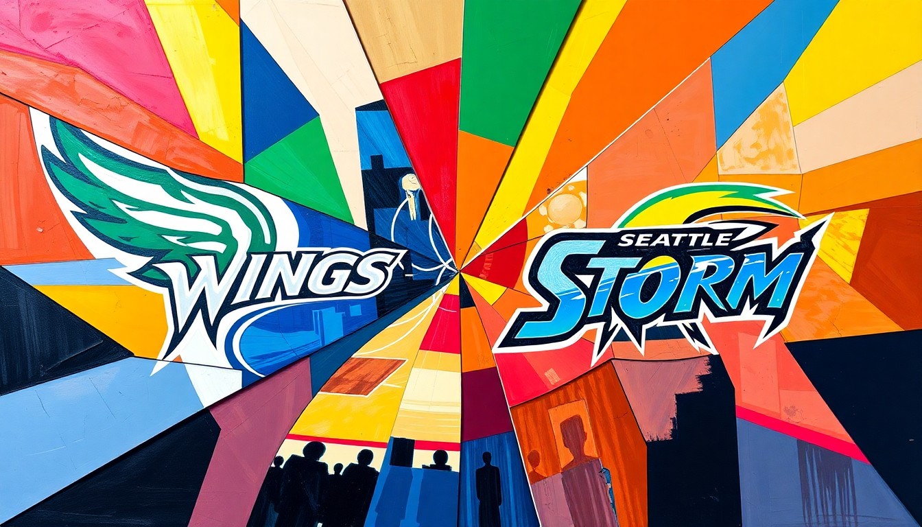 A fragmented, geometric painting depicting a WNBA basketball game, with sharp planes of color representing the players and court, conceptually illustrating the global diversity of the league.