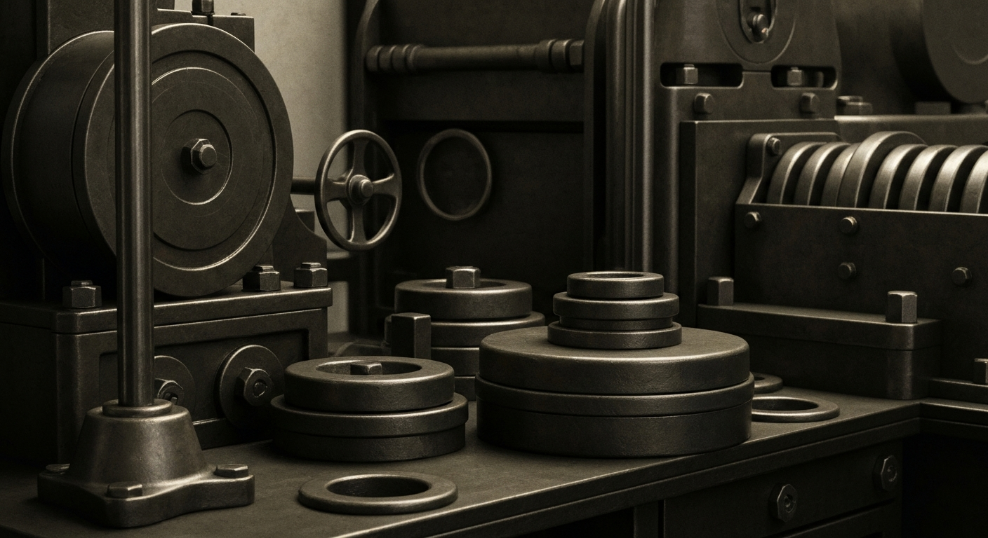 An extreme close-up of heavy, industrial banking equipment and mechanisms, conveying the physical, institutional nature of finance without depicting any literal financial symbols or objects.