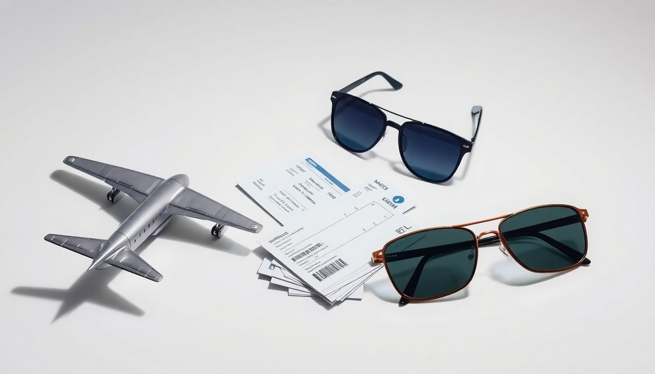 A high-end studio photograph featuring a polished metal airplane model, a stack of airline tickets, and a pair of aviator sunglasses arranged elegantly on a clean, white background, conveying the abstract concepts of air travel, finance, and market performance.