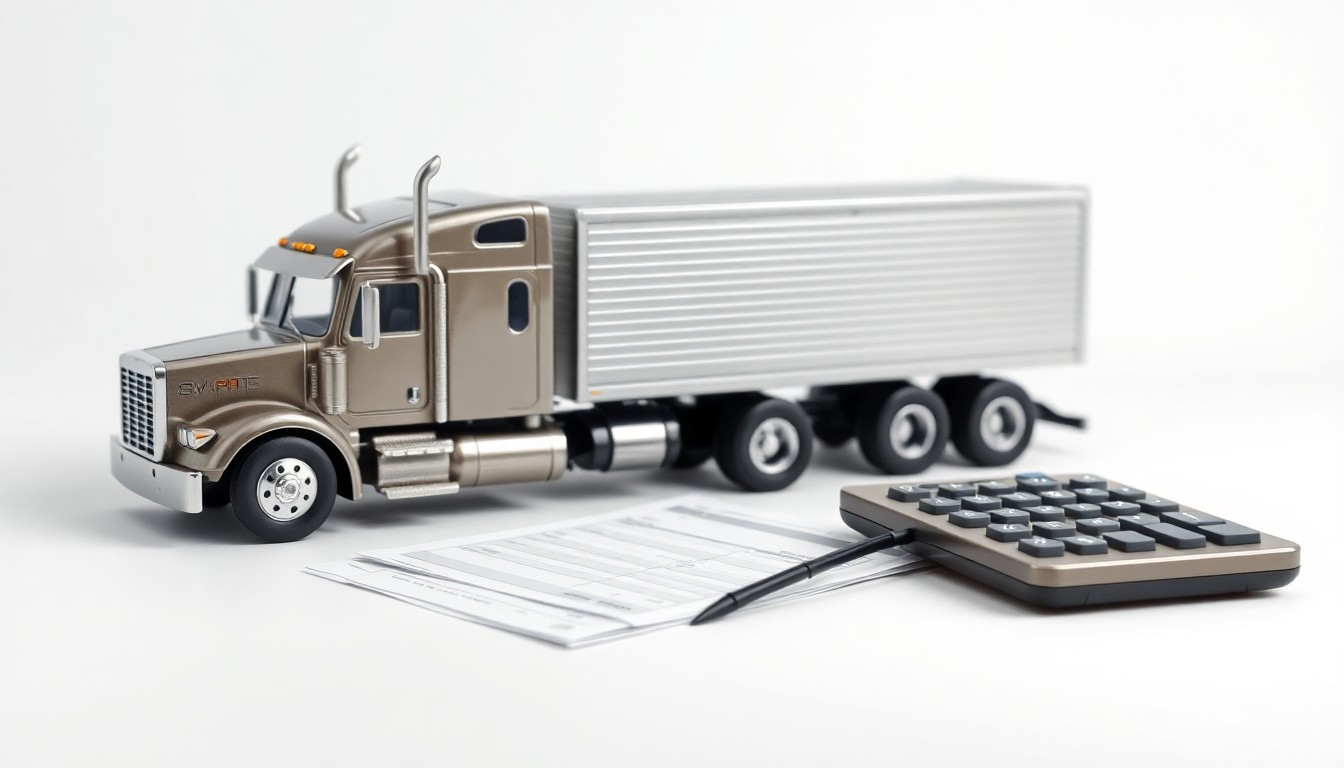 A high-end, photorealistic studio still-life featuring a polished metal truck model, a stack of shipping invoices, and a calculator on a clean, monochromatic background, symbolizing the logistics and financial aspects of the trucking industry.