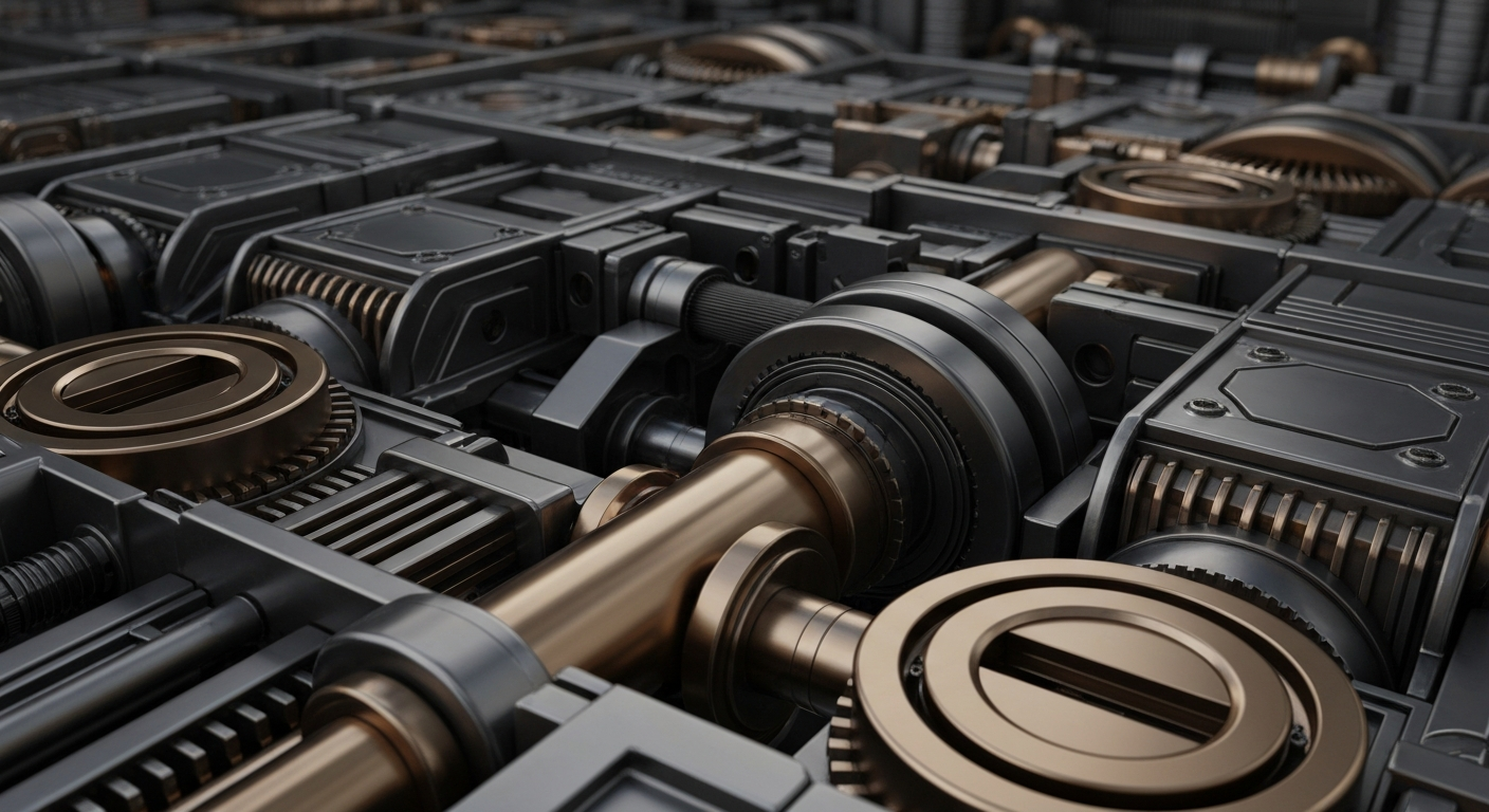 An extreme close-up of complex, industrial-looking pharmaceutical manufacturing equipment and machinery, conveying the technical and operational nature of the biopharmaceutical industry.