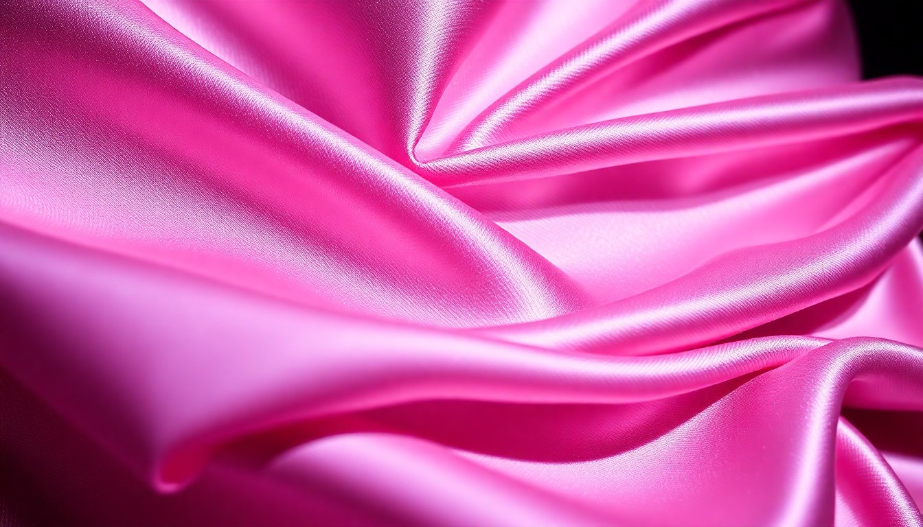 An extreme close-up photograph of a shimmering satin fabric in soft blush tones, captured with dramatic, high-contrast studio lighting to create a luxurious, high-fashion aesthetic.
