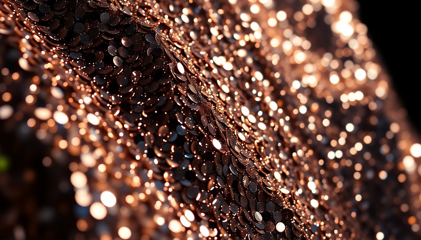 An extreme close-up photograph of sparkling, glittering sequins in dramatic, high-contrast studio lighting, conceptually representing the glamour and allure of the entertainment industry.