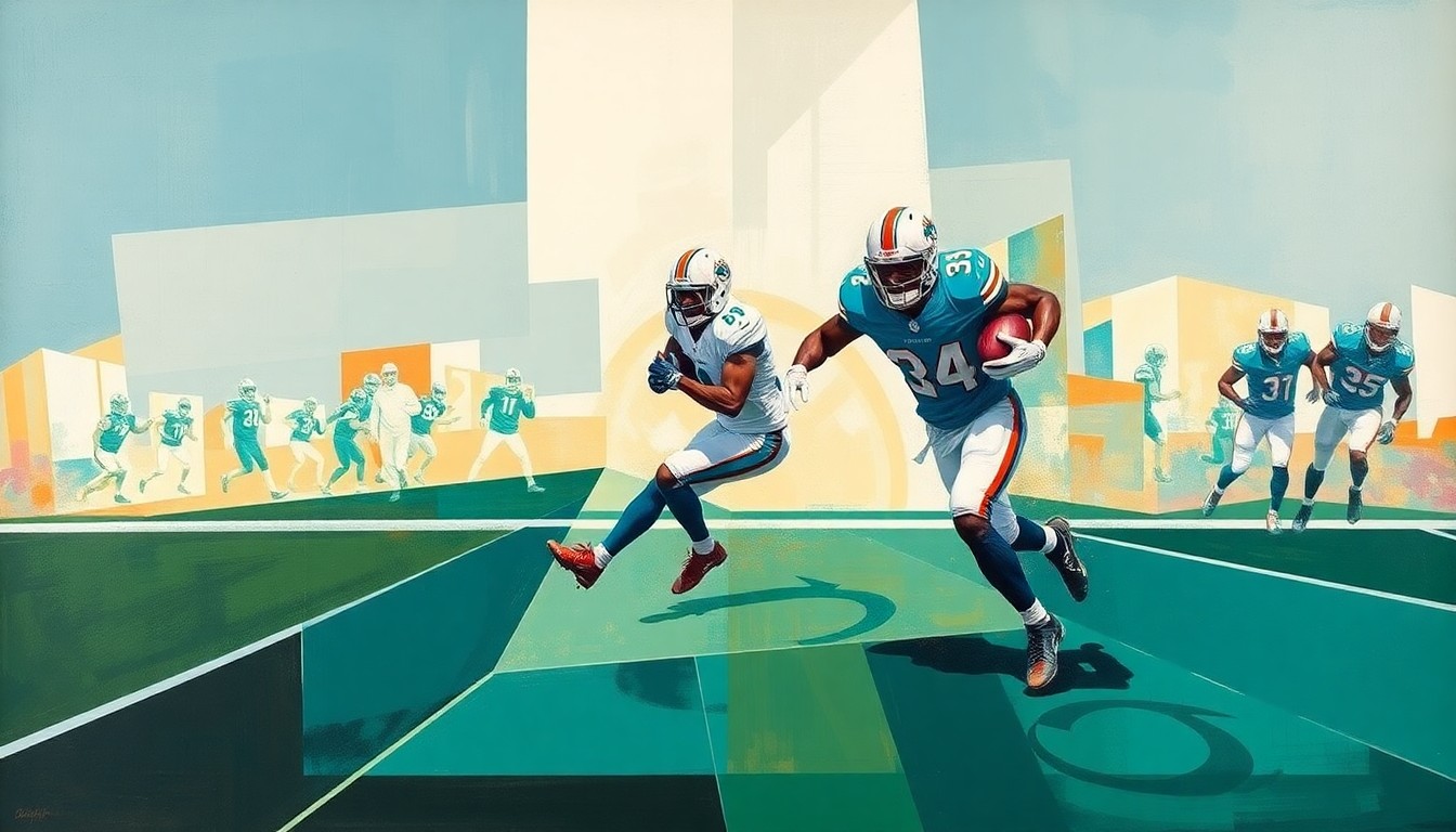 A fragmented, geometric painting depicting a Miami Dolphins running play, with the player's form broken down into sharp, overlapping shapes and planes, conveying the dynamic energy and uncertainty surrounding the team's contract talks with running back De'Von Achane.