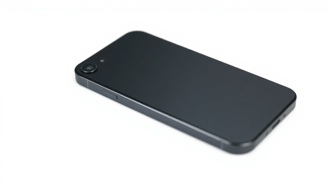 An extreme close-up of a sleek, matte-black iPhone with clean geometric lines and subtle metallic accents, resting on a stark white background, conceptually representing Apple's commitment to software refinement.