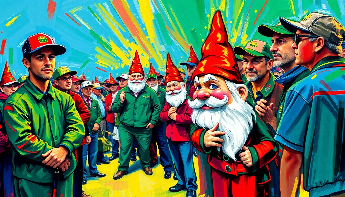 An abstract, energetic painting in neon colors depicting the frenetic scene of golf fans waiting in line to purchase a limited-edition Masters gnome, capturing the excitement and exclusivity of this unique collectible.