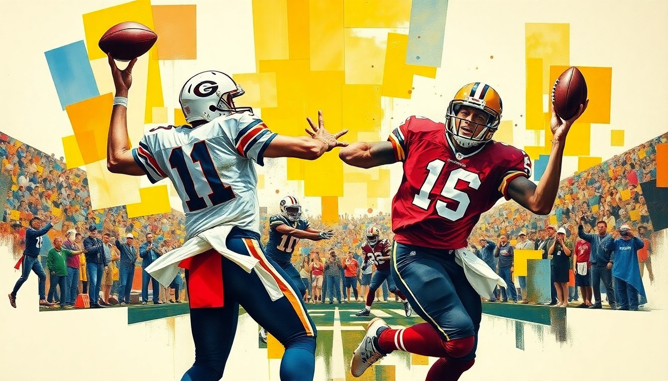 A fragmented, cubist-style painting depicting the intricate movements and angles of a quarterback preparing to throw a pass, with sharp geometric shapes and planes representing the power and precision of the action.