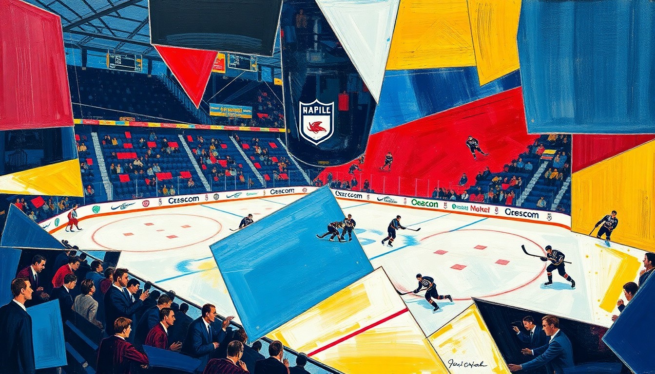 A cubist, geometric painting depicting the action and energy of a college hockey game, with players and the rink deconstructed into sharp, overlapping planes of color.