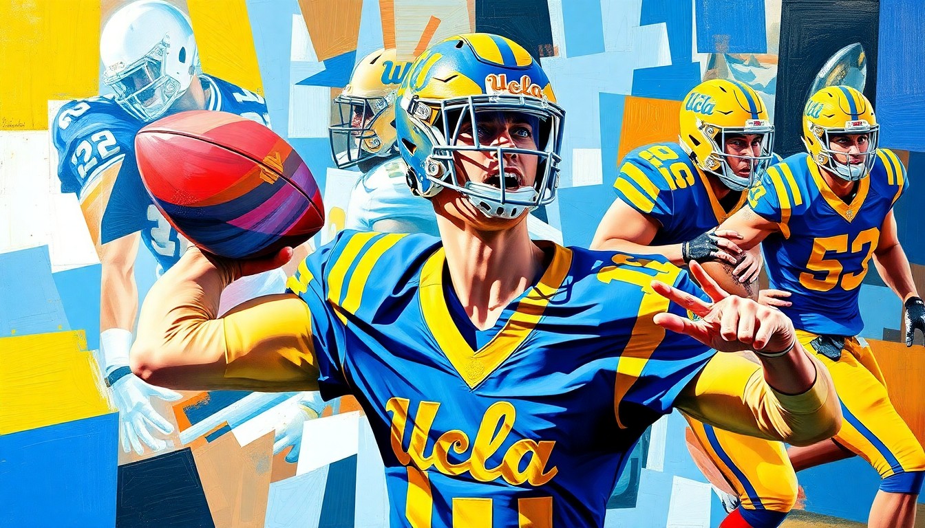 A cubist, geometric painting depicting a college football quarterback in motion, with the player's body and uniform broken down into sharp, overlapping planes of UCLA's blue and gold colors.