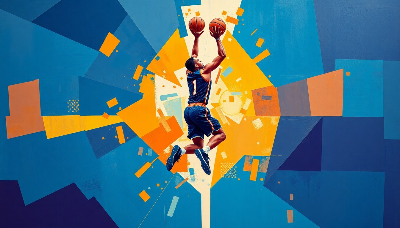 A fractured, geometric painting depicting a college basketball player in motion, with sharp planes of color and overlapping shapes creating a dynamic, abstract composition.