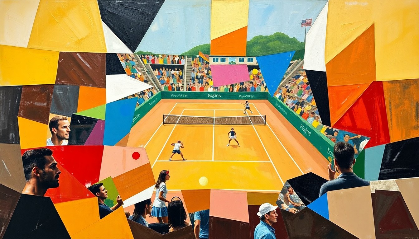 A fragmented, geometric painting in the style of Pablo Picasso, depicting a tennis match broken down into sharp, overlapping planes of color and abstract shapes, capturing the dynamic movement and energy of the sport.
