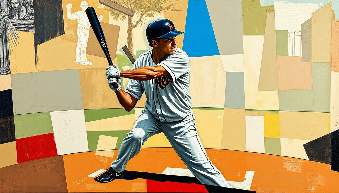 A cubist-style painting depicting a baseball player in an abstract, fragmented composition of geometric shapes and planes, conveying the dynamic motion and energy of the sport.