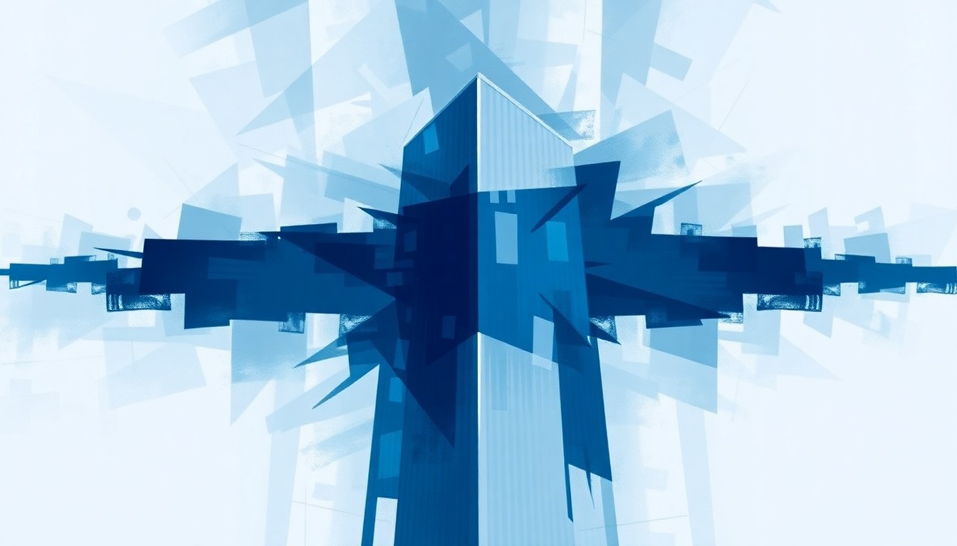 A dynamic, abstract painting featuring overlapping, fragmented shapes in shades of blue and gray, conceptually representing the disruption and tension surrounding the rapid growth of data centers in the Port Washington community.