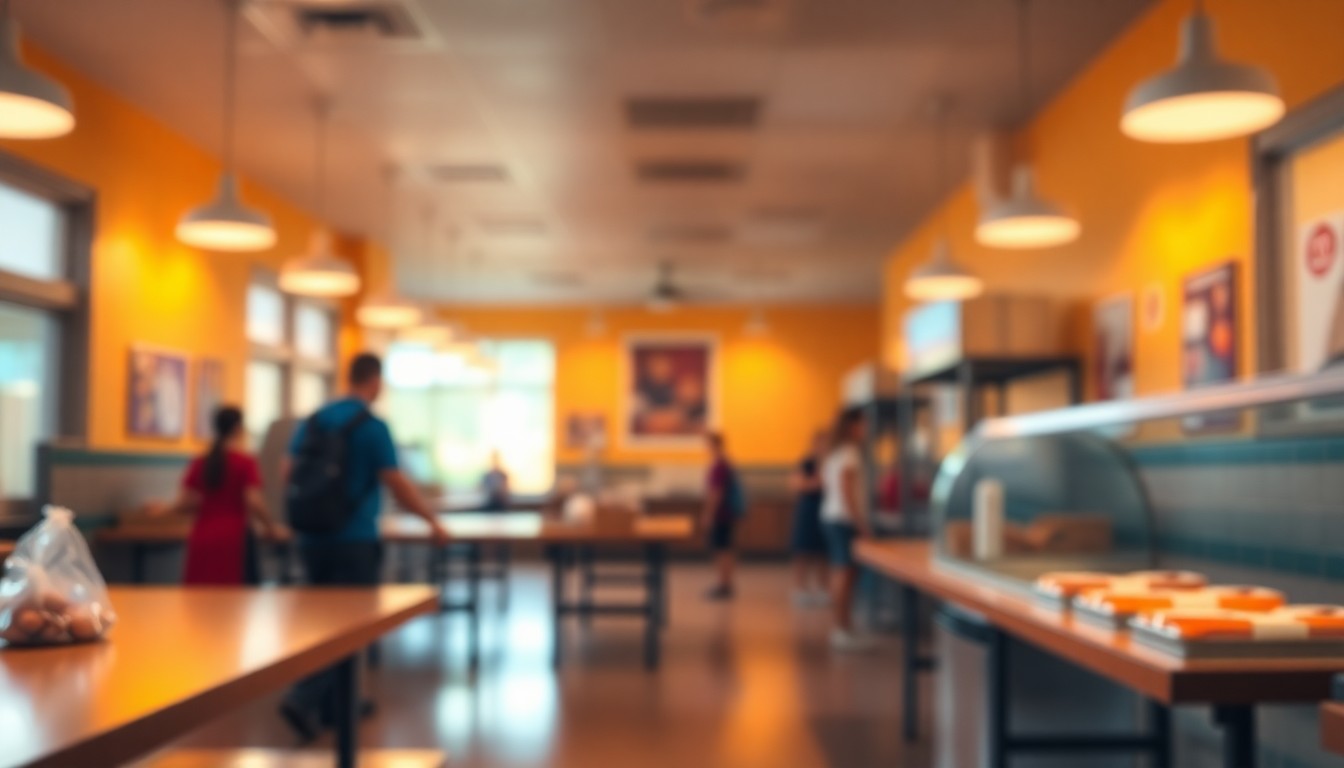 An abstract, impressionistic scene of a school cafeteria lunch line, with soft, out-of-focus brushstrokes of warm yellow, orange, and red tones, conveying the importance of providing nutritious meals to support student success.
