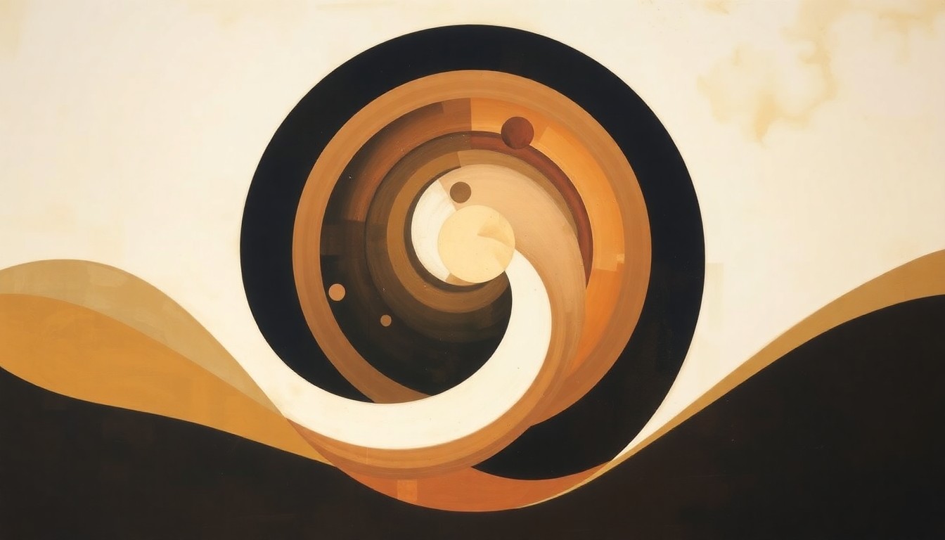 A bold, abstract painting in muted earth tones, featuring sweeping geometric arcs, concentric circles, and precise botanical spirals, conveying the intricate scientific forces at play during the Artemis II mission's reentry.