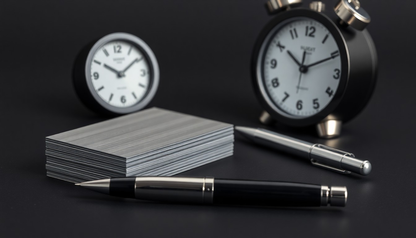 A minimalist studio still life photograph featuring a stack of shiny metal business cards, a sleek black pen, and a modern silver desk clock, symbolizing the professional growth and leadership development at Arvest Bank's Springfield region.