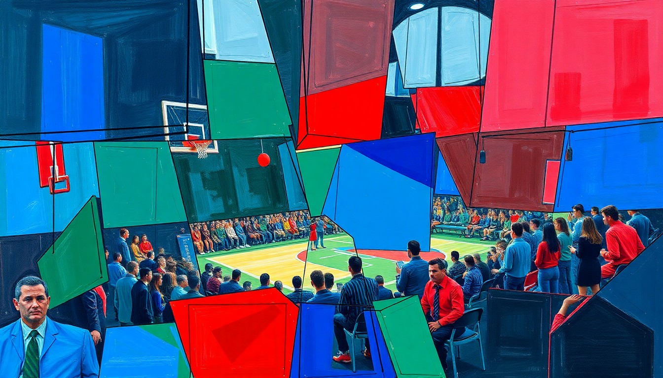 A fragmented, geometric painting in bold colors representing a high school sports award ceremony, with overlapping planes and shapes conveying the energy and excitement of the event.
